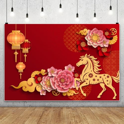 AOFOTO 6x4ft Happy Chinese New Year Backdrop China Spring Festival Lunar Year of The Horse Decoration Banner Paper Cut Flowers CNY Lanterns 2026 Background Party Supplies Photoshoot Studio Props - size: 6x4ft