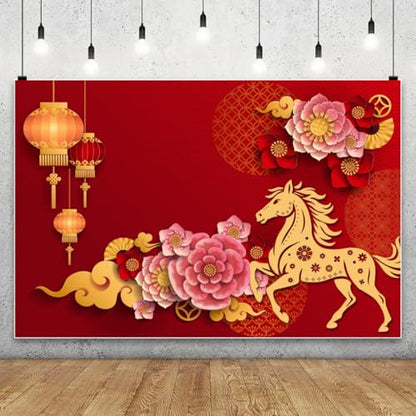 AOFOTO 8x6ft Happy Chinese New Year Backdrop China Spring Festival Lunar Year of The Horse Decoration Banner Paper Cut Flowers CNY Lanterns 2026 Background Party Supplies Photoshoot Studio Props - size: 8x6ft