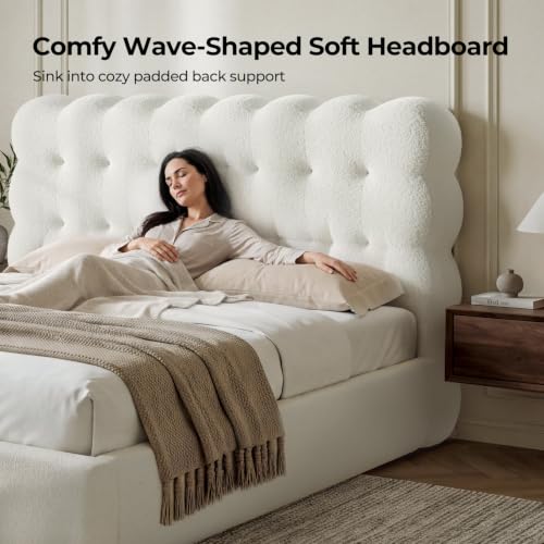 Upholstered Cloud Bed Frame Queen with Tufted Wave Headboard,Beige