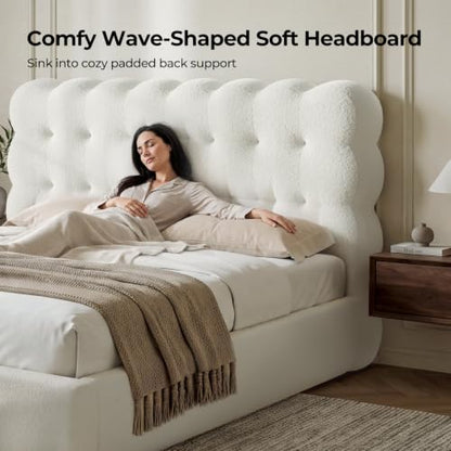Upholstered Cloud Bed Frame Queen with Tufted Wave Headboard,Beige