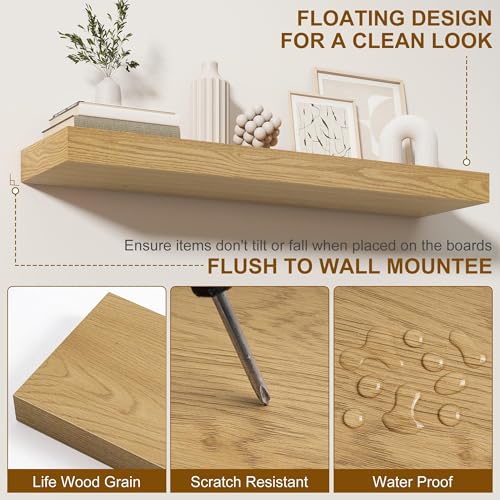 Fun Memories 60 Inch Fireplace Mantel - Long Floating Shelf, Wall Mounted Farmhouse Display with Invisible Heavy Duty Metal Bracket, Oak, 2 Pack - color: Oak, size: 60"W x 6.5"D