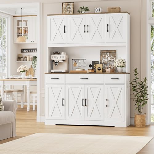 71" Tall Kitchen Pantry Storage Cabinet, 55" W Kitchen Hutch, White