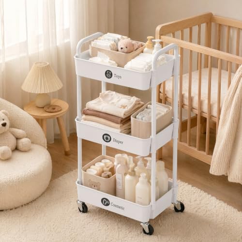 3 Tier Rolling Cart with Wheels, Utility Storage Carts,White
