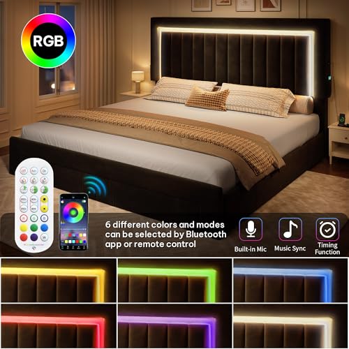 Queen Size Bed Frame with Adjustable Headboard, Black