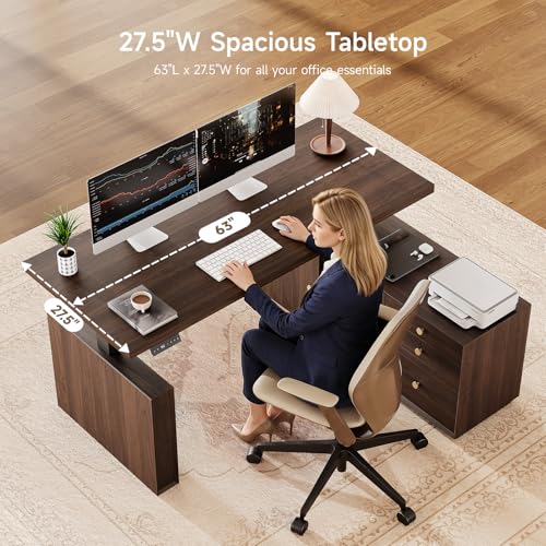 63" L Shaped Standing Desk w/File Cabinet, Sit Up Desk, Walnut