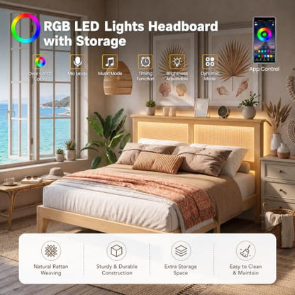 Full Size Wood Bed Frame with LED Light and Rattan Headboard