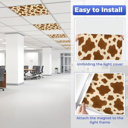 6 Pcs Fluorescent Light Covers for Ceiling Lights Fashionable cow leather brown Magnetic Light Filters Decorative for Classroom Office Hospital Home 4x2 Ft