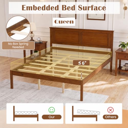 Queen Size Bed Frame, Farmhouse Wooden Platform Bed with Headboard