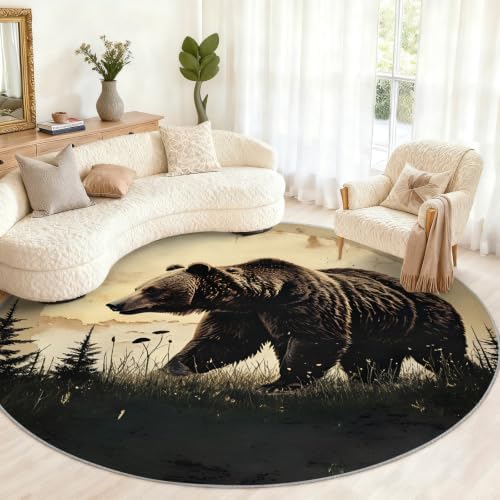 Bear Round Area Rug - 6.6ft Western Bear Round Rug for Living Room, Wildlife Circle Rugs Soft Non-Slip Carpet for Bedroom Kiks Room Dining Table Decor Mat