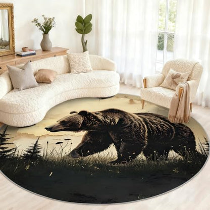 Bear Round Area Rug - 6.6ft Western Bear Round Rug for Living Room, Wildlife Circle Rugs Soft Non-Slip Carpet for Bedroom Kiks Room Dining Table Decor Mat