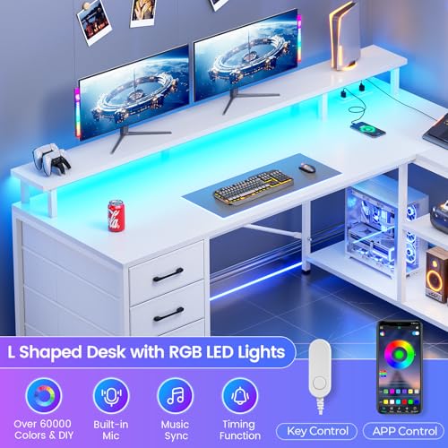 L Shaped Gaming Desk with 4 Drawers, Shelves, Power Outlets, White