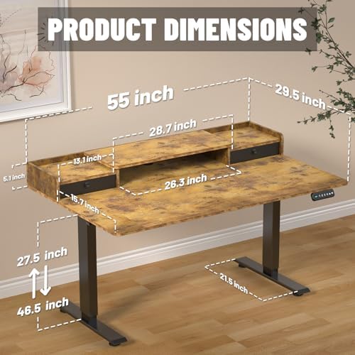 55 x 30 Inch Electric Standing Desk with 2 Drawers, Adjustable Height Widened Stand Up Desk with Storage, Sit to Stand Ergonomic Workstation for Home Office, Rustic Brown