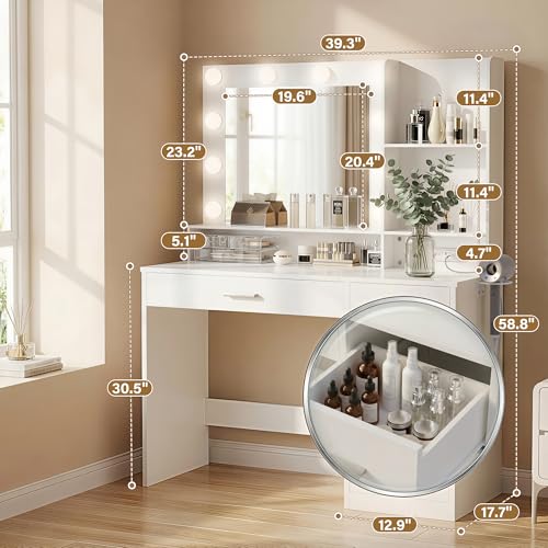 39 Inch Vanity Desk with Mirror and LED Lights, Modern White