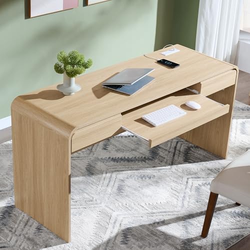 63" Modern Computer Desk with 2 Drawers, Wood Curved (Natural)