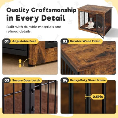 3-in-1 Wooden Dog Crate Furniture, Side Table & Kennel with Cushion