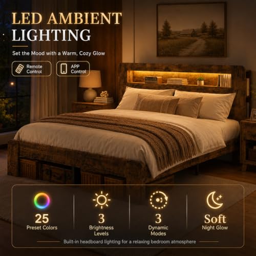 Farmhouse Queen Bed Frame, Storage Headboard with LED Charging, Brown