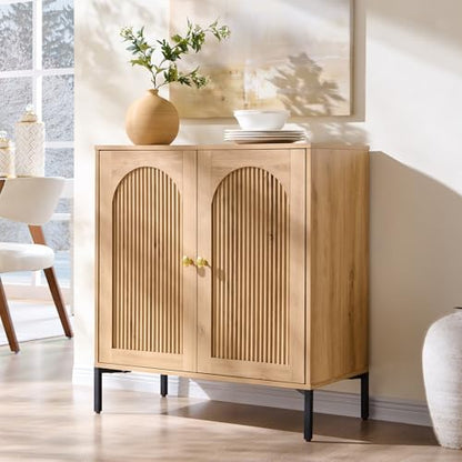 34" Tall Modern Arched Sideboard Buffet Cabinet with Storage, Natural