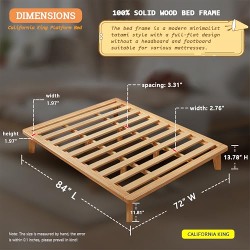 NELYE California-King Wood Platform Bed Frame, 14 Inch Bed Base, Oak