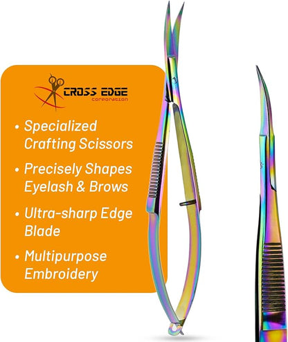 Cross Edge Curved Spring Scissors 5 Inch Stainless Steel Precision Eyebrow & Eyelash Shaping & Trimming Scissor, Snips Squeeze, Embroidery, Knitting Micro Tip Craft Scissors (Rainbow)