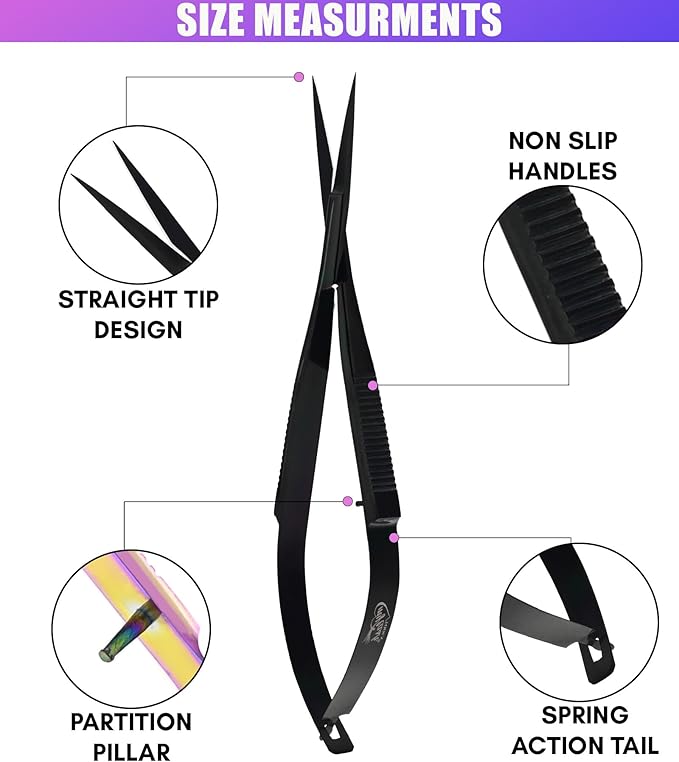 Cross Edge Spring Scissors 5 Inch straight Stainless Steel Precision Eyebrow & Eyelash Shaping & Trimming Scissor, Snips Squeeze, Embroidery, Knitting Micro Tip Craft Scissors (Black)