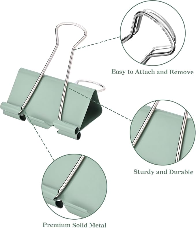 Temiary Aesthetic Binder Clips, Large Metal Binder Clip with Clear Storage Container, Binding Paperwork Clamps for School Teachers Office Supplies (Green 2 Inch, 12P)