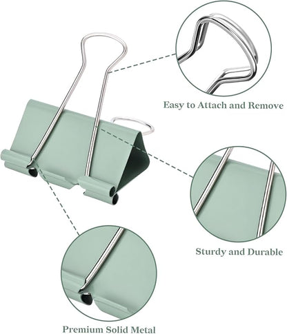 Temiary Aesthetic Binder Clips, Large Metal Binder Clip with Clear Storage Container, Binding Paperwork Clamps for School Teachers Office Supplies (Green 2 Inch, 12P)