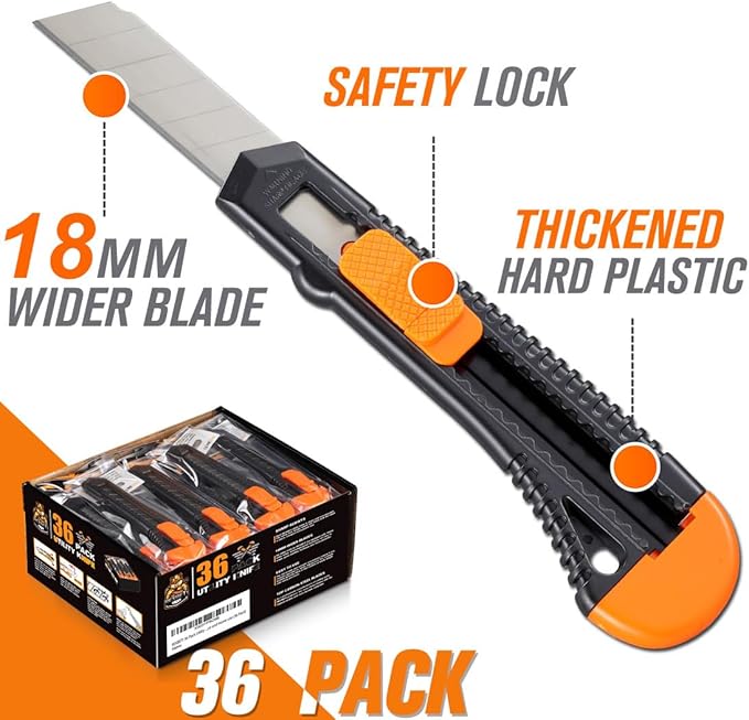 REXBETI 36 Pack Utility Knife, Retractable Box Cutter for Cartons, Cardboard and Boxes, 18mm Wider Razor Sharp Blade, Smooth Mechanism, Perfect for Office and Home use (36 Pack)