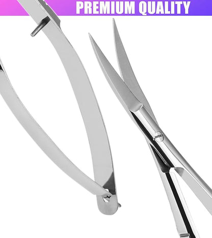 Cross Edge Curved Spring Scissors 5 Inch Stainless Steel Precision Eyebrow & Eyelash Shaping & Trimming Scissor, Snips Squeeze, Embroidery, Knitting Micro Tip Craft Scissors (Silver)