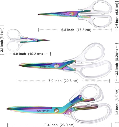 SCAIKTIG Acrylic Scissors, 4-Pack (9.4"/8"/6.8"/4"), Clear Comfort-Grip Handles, Titanium Coated Blades, Sharp, Heavy Duty, Ambidextrous, Transparent + Rainbow