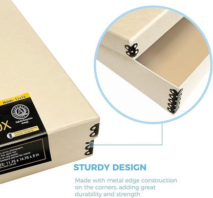 Lineco Museum Archival Storage Box, 11.75x14.75x3 in. Drop Front Design. Acid-Free with Metal Edge. Organize Photos, Pictures, Prints, Documents, Crafts, DIY. Tan, 1 Pack