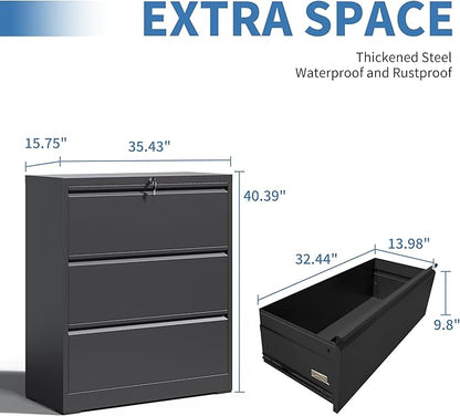 FLIXELIO 3 Drawer File Cabinet, Black Office Cabinets with Lock, Heavy Duty Metal Filing Cabinet for Home Office, Horizontal Lockable File Cabinet for Legal/Letter/A4 Size Files, Require Assembly