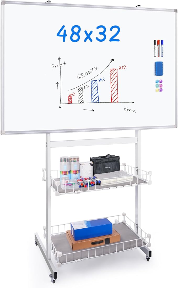 maxtek Rolling Whiteboard, 48x32 Large Magnetic White Board with Stands, Big White Board Dry Erase on Wheels with Baskets for Classroom, Office, Homeschool, Home Office