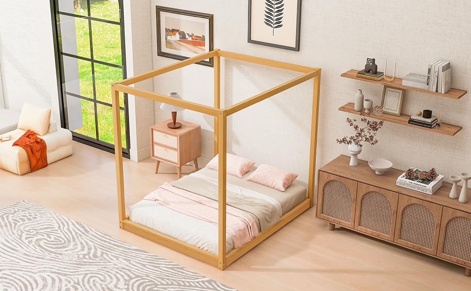 GDFStudio Queen Size Canopy Platform Bed with Support Legs, Solid Pine Wood and MDF Frame, Slat Support No Box Spring Needed, Modern Canopy Bed Frame, Natural