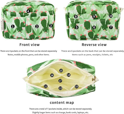E-WEICHEN Multiple Pockets Portfolio Organizer with Zippered, Makeup Bag Travel Essentials for Women, Simple Waterproof Stationery Pencil Pouch Bag for Journal Office Art Supplies.Green Cactus