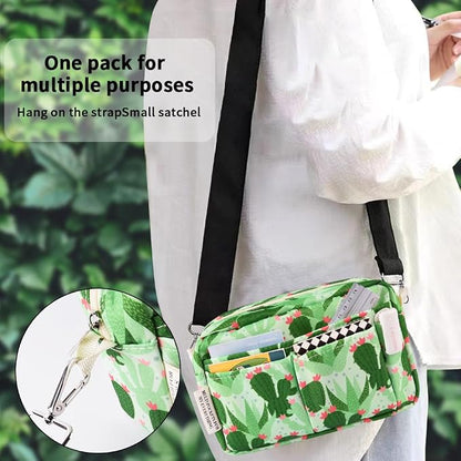 E-WEICHEN Multiple Pockets Portfolio Organizer with Zippered, Makeup Bag Travel Essentials for Women, Simple Waterproof Stationery Pencil Pouch Bag for Journal Office Art Supplies.Green Cactus