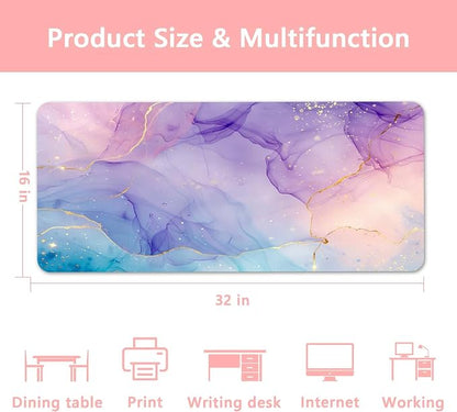 Britimes Teal Mauve Marble Desk Mat Watercolor Golden Purple Deak Pad Non-Slip PU Leather Large Keyboard Mouse Pad Office Desktop Accessories for Office,Work,Home Decor(31.5"X15.7")