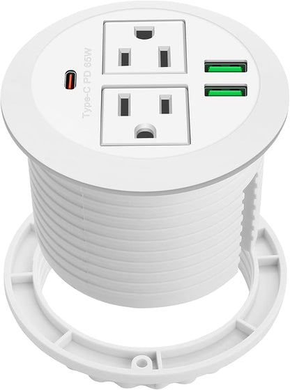 3-inch Desktop Power Grommet,Max 65W USB C Charger,2 Outlets and 3 USB, High-Speed Charging Station, Flush Mount Desk Hole Round Power Outlet, Recessed Power Strip,6ft Cord Flat Plug
