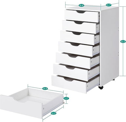 Naomi Home Debbie 7-Drawer Craft & Office Storage Cabinet, White – Rolling File Cabinet with Wheels, Chic Design for Supplies & Folders, 15.7" D x 18.9" W x 34.2" H