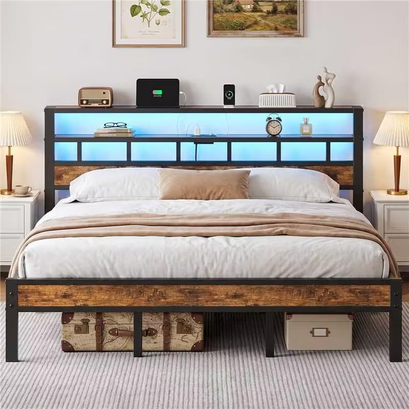 King Bed Frame with Charging Station and LED, Metal Platform Bed