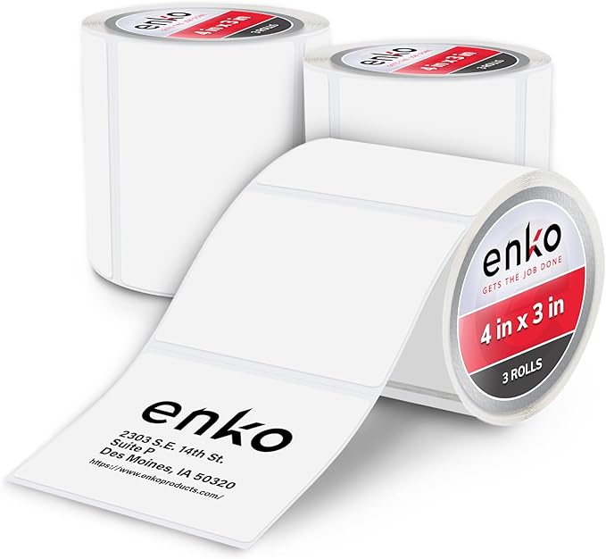 enKo 4" x 3" Labels for Zebra Desktop Printers (3 Rolls, 1,500 Labels) - Direct Thermal Address Mailing Shipping Barcode FBA Stickers FNSKU Label for Zebra and Eltron (Perforated)