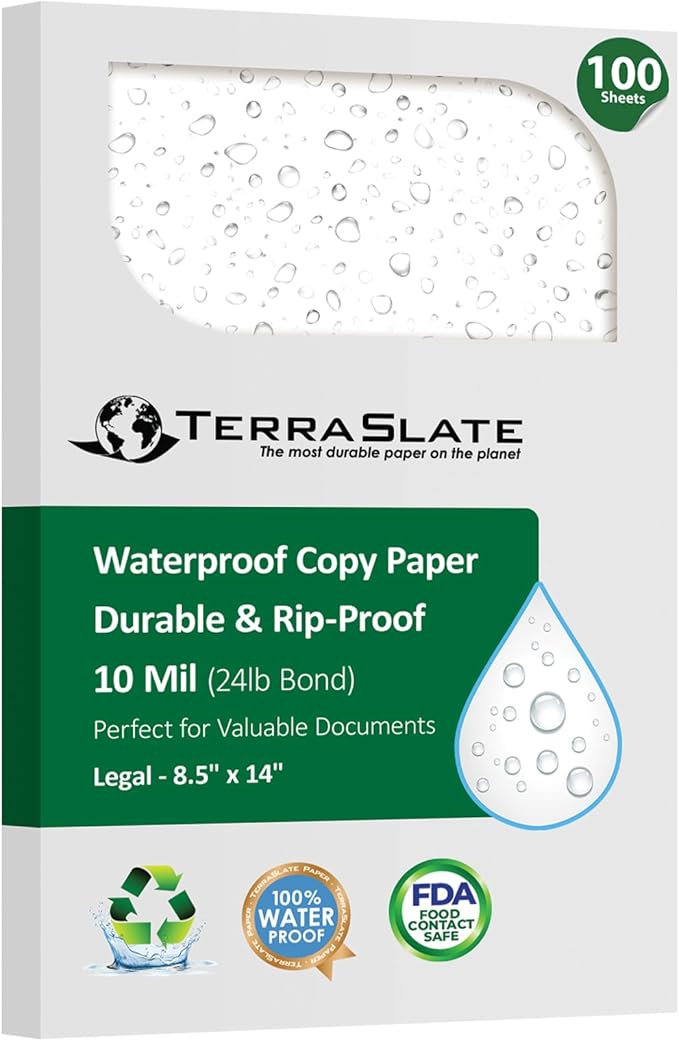 TerraSlate Printable Waterproof Paper for Laser Printer, 10 MIL 8.5" x 14", 100 Sheets, Matte White Printer Paper I Rip-Resistant, Weather/Rain Proof Copy Paper
