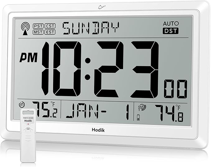Wall Clock Atomic with Indoor Outdoor Temperature Battery Powered, Easy Reading with 10.5 Inch Large LCD Display, 330FT Range Table Wall Clock with DST, 12/24 Hour for Living Room Kitchen (White)