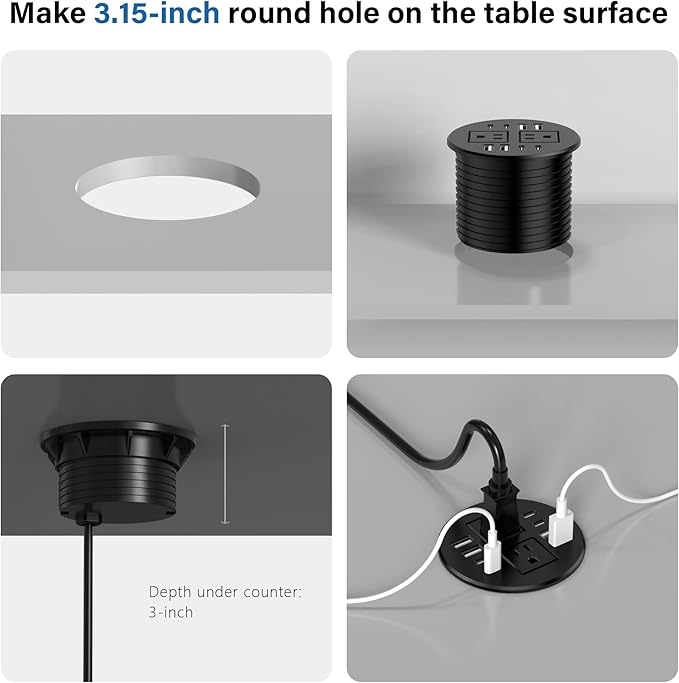 Jgstkcity Power Strip,Desktop Recessed Power Grommet,40W Total USB C Fast Charging,3.15-Inch Hole, 4 Outlets & 8 Ports, Ideal for Desktop & Countertop Flush Mount Outlet