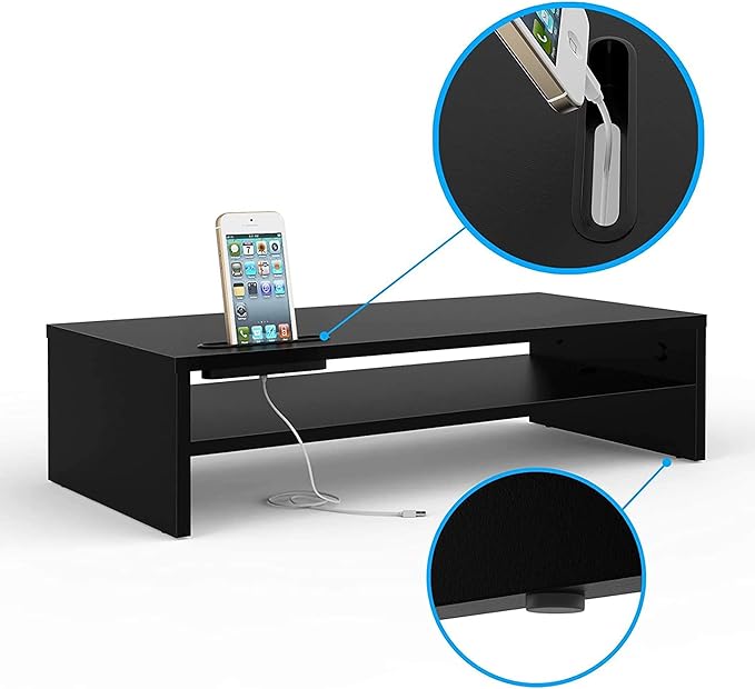 BONTEC Wood Monitor Stand Riser, 2-Tier Desktop Organizer with Storage, Ergonomic Computer Stand for Desk, Cable Management, Cellphone Holder, 21.3 Inch Shelf, Black