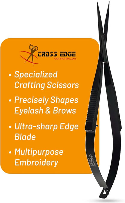 Cross Edge Spring Scissors 5 Inch straight Stainless Steel Precision Eyebrow & Eyelash Shaping & Trimming Scissor, Snips Squeeze, Embroidery, Knitting Micro Tip Craft Scissors (Black)