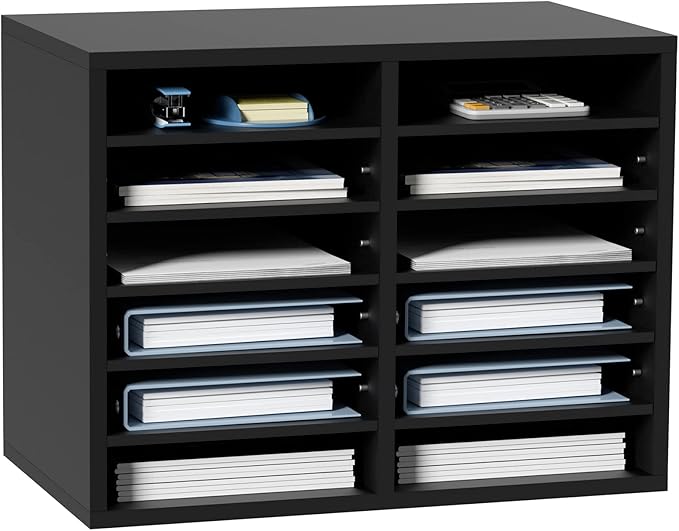 VEVOR Literature Organizers, 12 Compartments Office Mailbox with Adjustable Shelves，Wood Literature sorter 20.4x12x16.1 inches for Office, Home, Classroom, Mailrooms Organization, EPA Certified Black