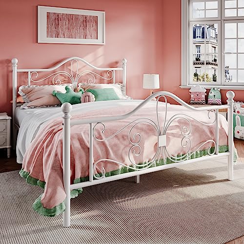 Full Size Metal Bed Frame with Butterfly Headboard, White