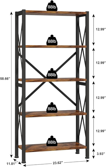 Homeiju 5-Tier Bookshelf,Wood Bookcase,Book Shelf with Steel Frame, Storage Rack with Open Shelves, Rustic Standing Bookshelves Ladder Shelf 110lbs/shelf for Bedroom,Living Room and Home Office