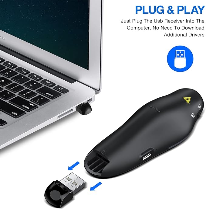 Rechargeable Presentation Clicker Wireless Presenter Remote USB Control Powerpoint PPT Clicker, Red Laser Pointer RF 2.4GHz Presenter Remote Slide Advancer for Computer/Laptop/Mac/Keynote