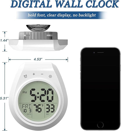 USAOSHOP Bathroom Clock Waterproof Shower Timer, Digital Wall Clock with Countdown, Temperature Display, Calendar, Suction Cup Hanging Hole, for Kids and Adults, White